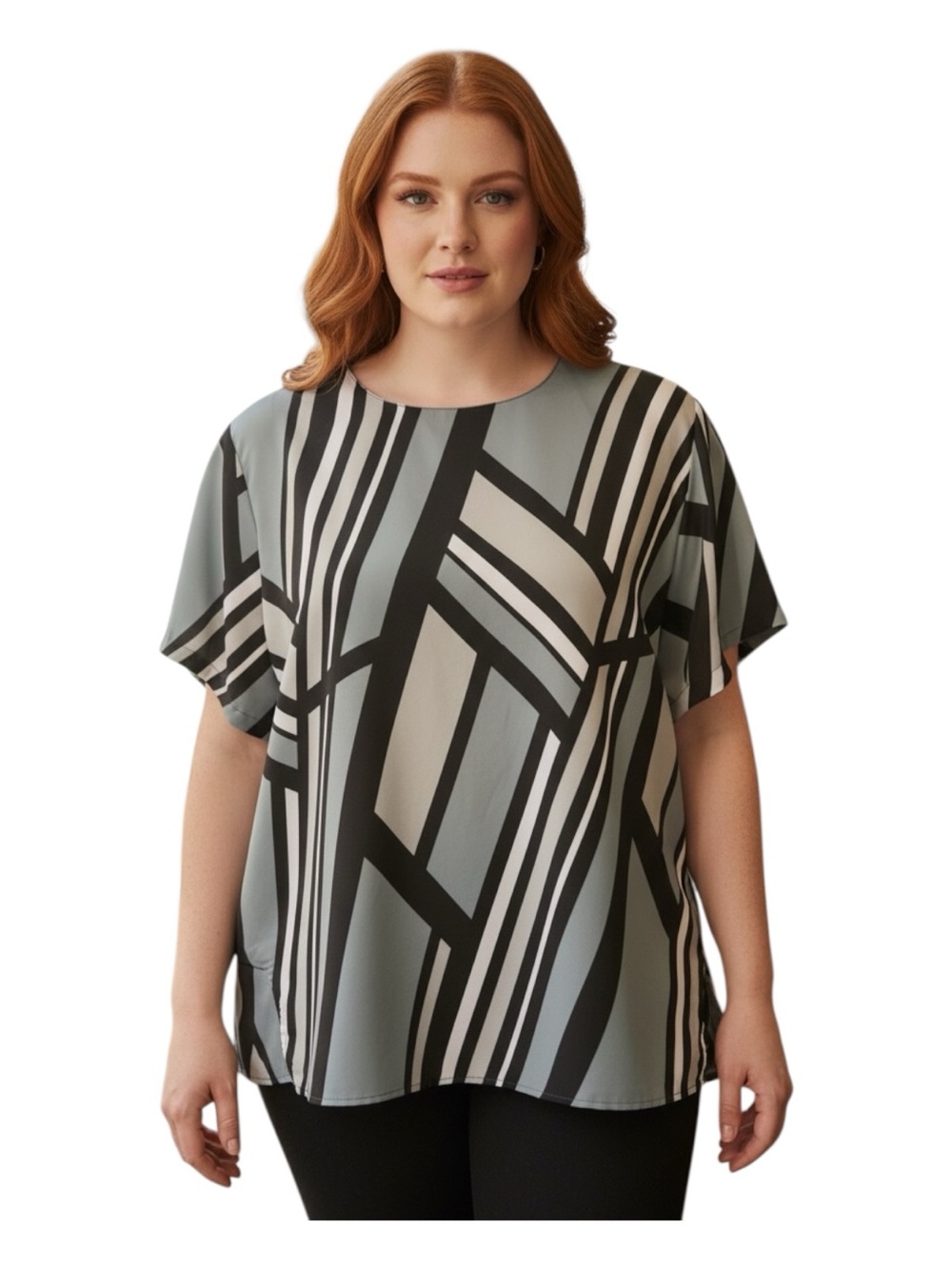 Liz Baker Plus Size 2X Geometric Print Short Sleeve Top - Gray & Black